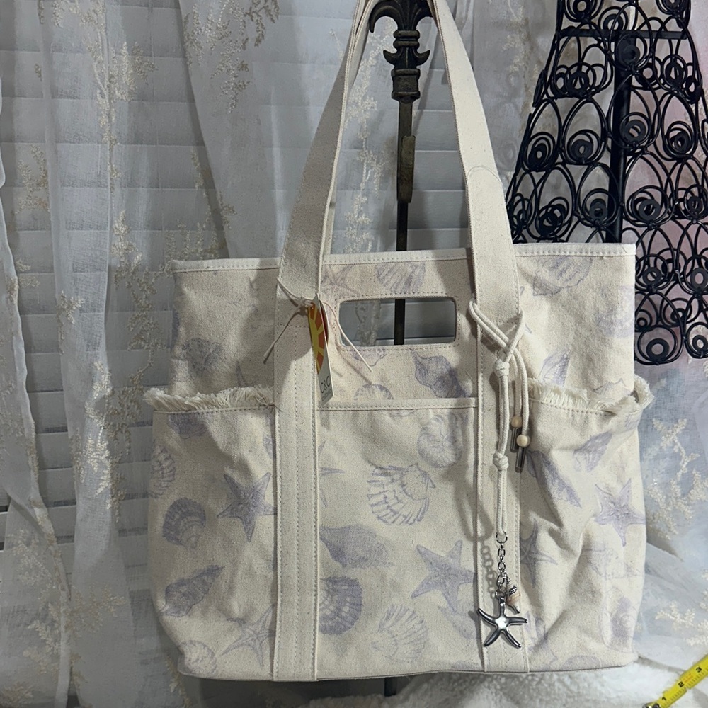 C&C California shell beach canvas tote and handle bag with bag charms